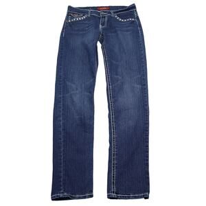 ABM Jeans Womens 7 Blue Straight Low Rise Rhinestone Pocket Zip Dark Wash Denim